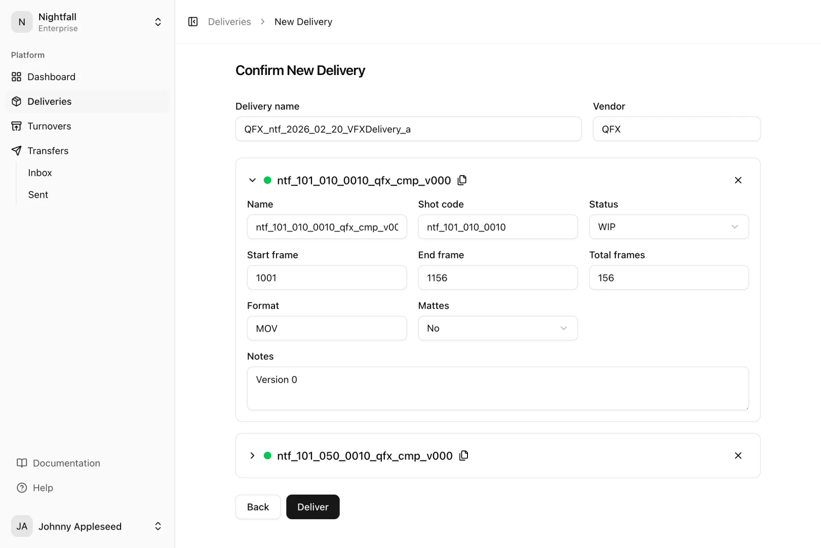The Handoff delivery screen with shot details ready to deliver
