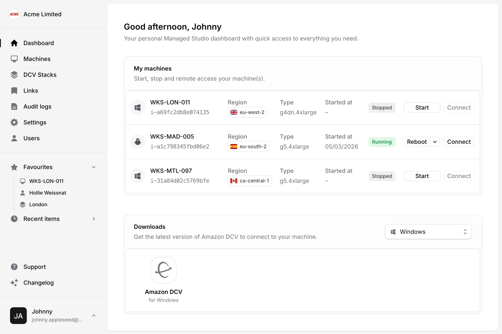The Managed Studio dashboard showing a list of cloud workstations